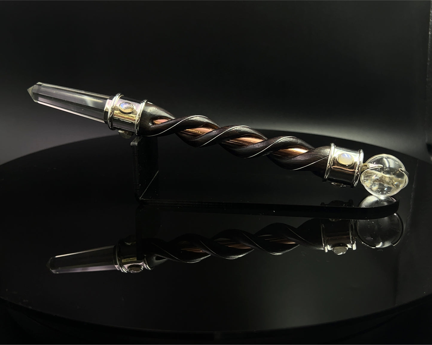 Fire & Water Natural Wood Wand with Copper Core, Silver Rims, Quartz Sphere, in 925 Silver with 6 Rainbow Moonstone Accents with Black Velvet Bag