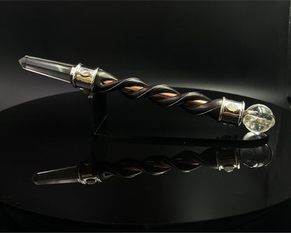 Fire & Water Natural Wood Wand with Copper Core, Silver Rims, Quartz Sphere, in 925 Silver with 6 Rainbow Moonstone Accents with Black Velvet Bag