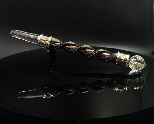 Fire & Water Natural Wood Wand with Copper Core, Silver Rims, Quartz Sphere, in 925 Silver with 6 Rainbow Moonstone Accents with Black Velvet Bag