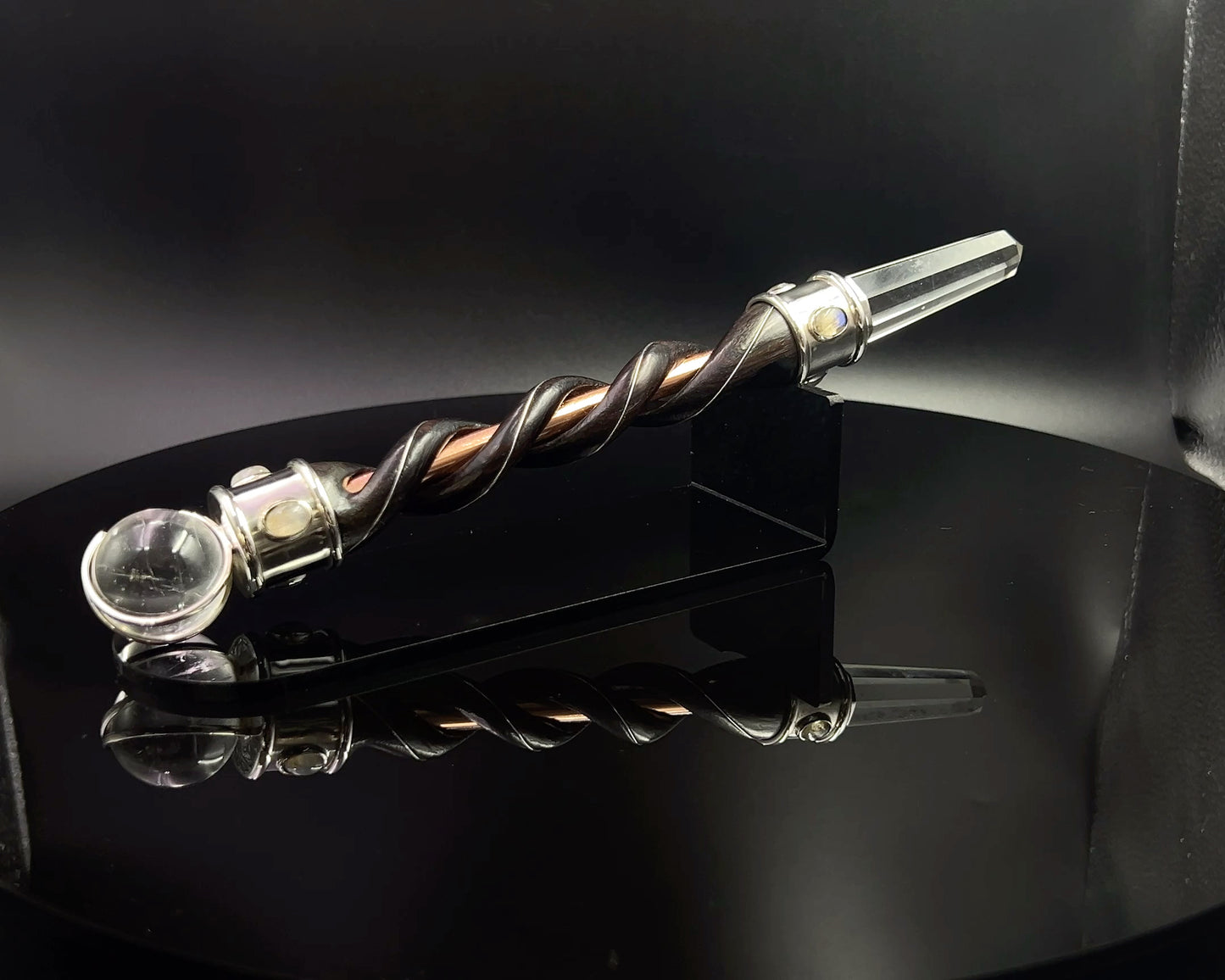 Fire & Water Natural Wood Wand with Copper Core, Silver Rims, Quartz Sphere, in 925 Silver with 6 Rainbow Moonstone Accents with Black Velvet Bag