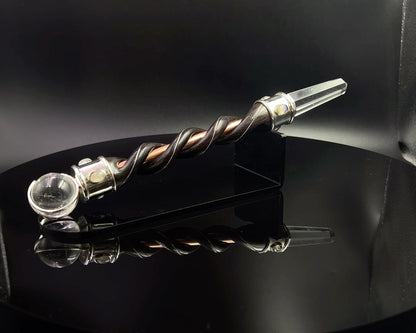 Fire & Water Natural Wood Wand with Copper Core, Silver Rims, Quartz Sphere, in 925 Silver with 6 Rainbow Moonstone Accents with Black Velvet Bag