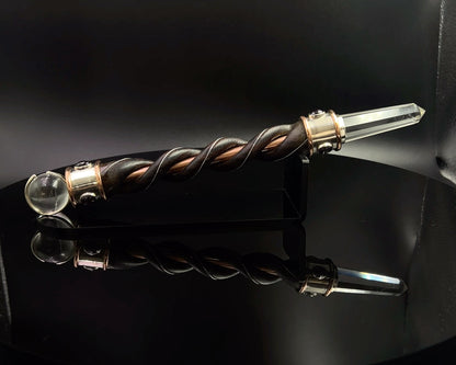 Fire & Water Natural Wood Wand with Copper Core, Copper Rims, Quartz Sphere, in 925 Silver with 6 Garnet Accents with Maroon Velvet Bag
