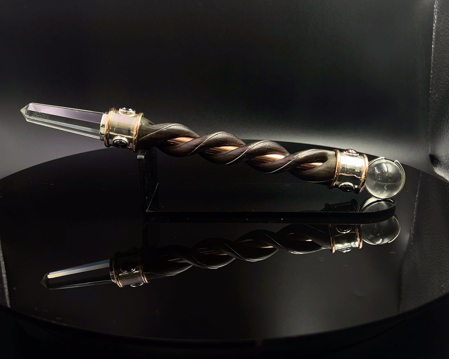 Fire & Water Natural Wood Wand with Copper Core, Copper Rims, Quartz Sphere, in 925 Silver with 6 Garnet Accents with Maroon Velvet Bag