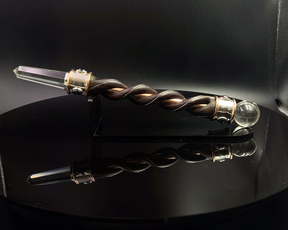 Fire & Water Natural Wood Wand with Copper Core, Copper Rims, Quartz Sphere, in 925 Silver with 6 Garnet Accents with Maroon Velvet Bag