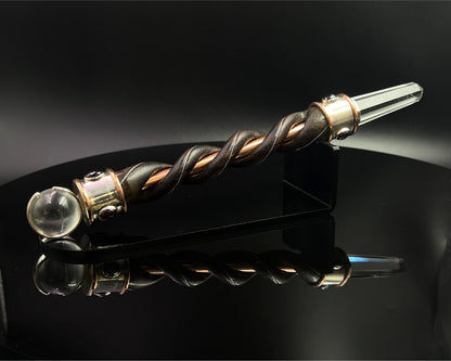 Fire & Water Natural Wood Wand with Copper Core, Copper Rims, Quartz Sphere, in 925 Silver with 6 Garnet Accents with Maroon Velvet Bag