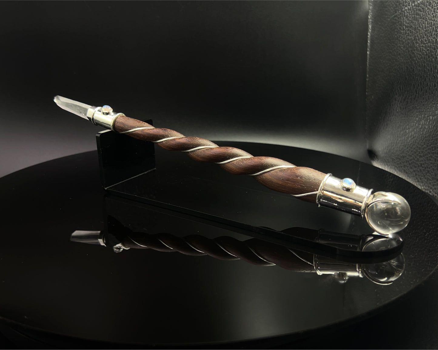Medium Natural Wood Master Wand with Natural Himalayan Quartz Point, Rainbow Moonstone Accents, Quartz Sphere with Black Velvet Bag