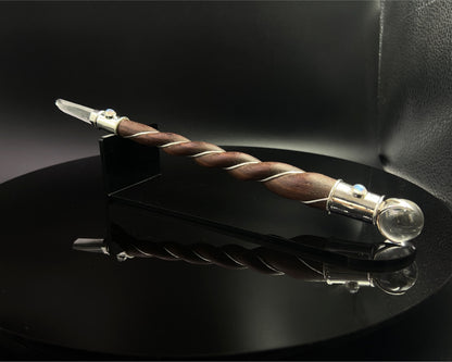 Medium Natural Wood Master Wand with Natural Himalayan Quartz Point, Rainbow Moonstone Accents, Quartz Sphere with Black Velvet Bag