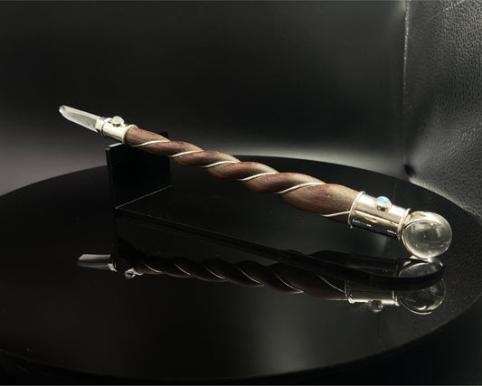Medium Natural Wood Master Wand with Natural Himalayan Quartz Point, Rainbow Moonstone Accents, Quartz Sphere with Black Velvet Bag