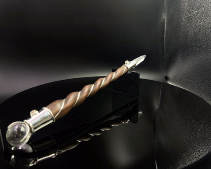 Medium Natural Wood Master Wand with Natural Himalayan Quartz Point, Rainbow Moonstone Accents, Quartz Sphere with Black Velvet Bag