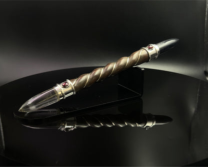 Medium Natural Wood Dorje in 925 Silver with Black Turmaline and Quartz points/ Garnet Accents in Maroon Velvet Bag