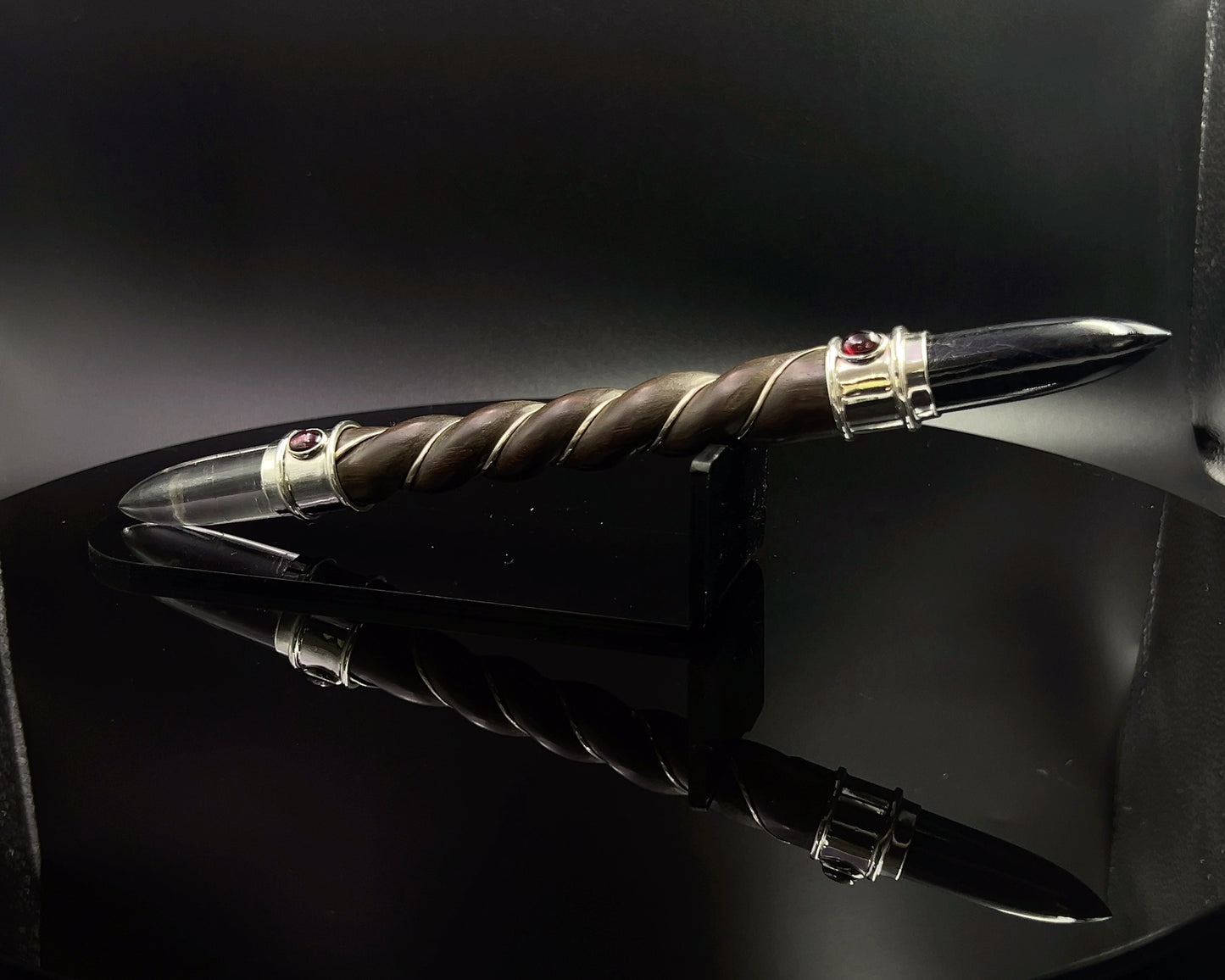 Medium Natural Wood Dorje in 925 Silver with Black Turmaline and Quartz points/ Garnet Accents in Maroon Velvet Bag