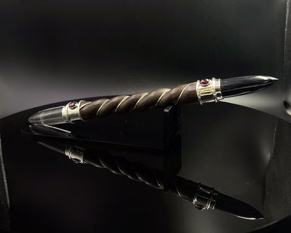 Medium Natural Wood Dorje in 925 Silver with Black Turmaline and Quartz points/ Garnet Accents in Maroon Velvet Bag