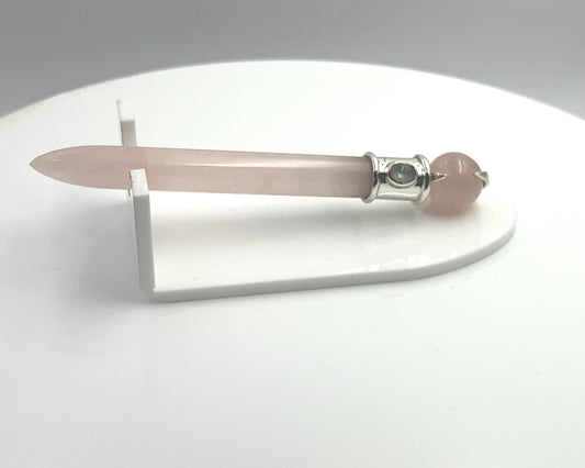 Rose Quartz Simple Wand Silver Plated with Rainbow Moonstone Accent,  Rosequartz Ball in Green Velvet Bag