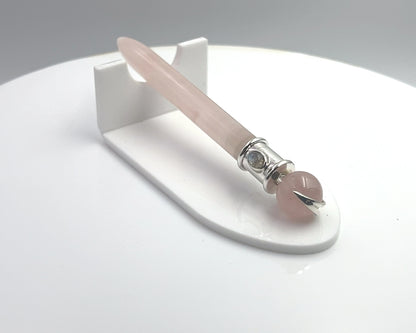 Rose Quartz Simple Wand Silver Plated with Rainbow Moonstone Accent,  Rosequartz Ball in Green Velvet Bag