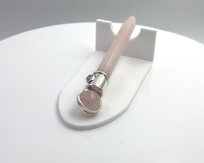 Rose Quartz Simple Wand Silver Plated with Rainbow Moonstone Accent,  Rosequartz Ball in Green Velvet Bag
