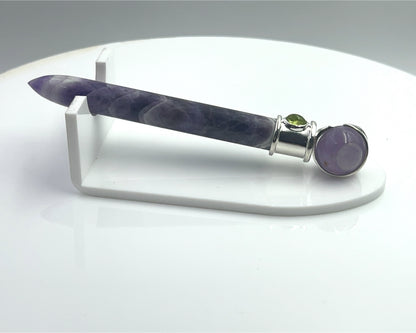 Amethyst Simple Wand Silver Plated with Peridot Accent, Amethyst Ball in Blue Velvet Bag