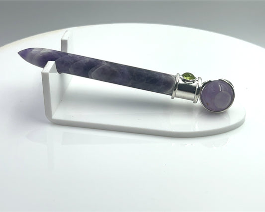 Amethyst Simple Wand Silver Plated with Peridot Accent, Amethyst Ball in Blue Velvet Bag