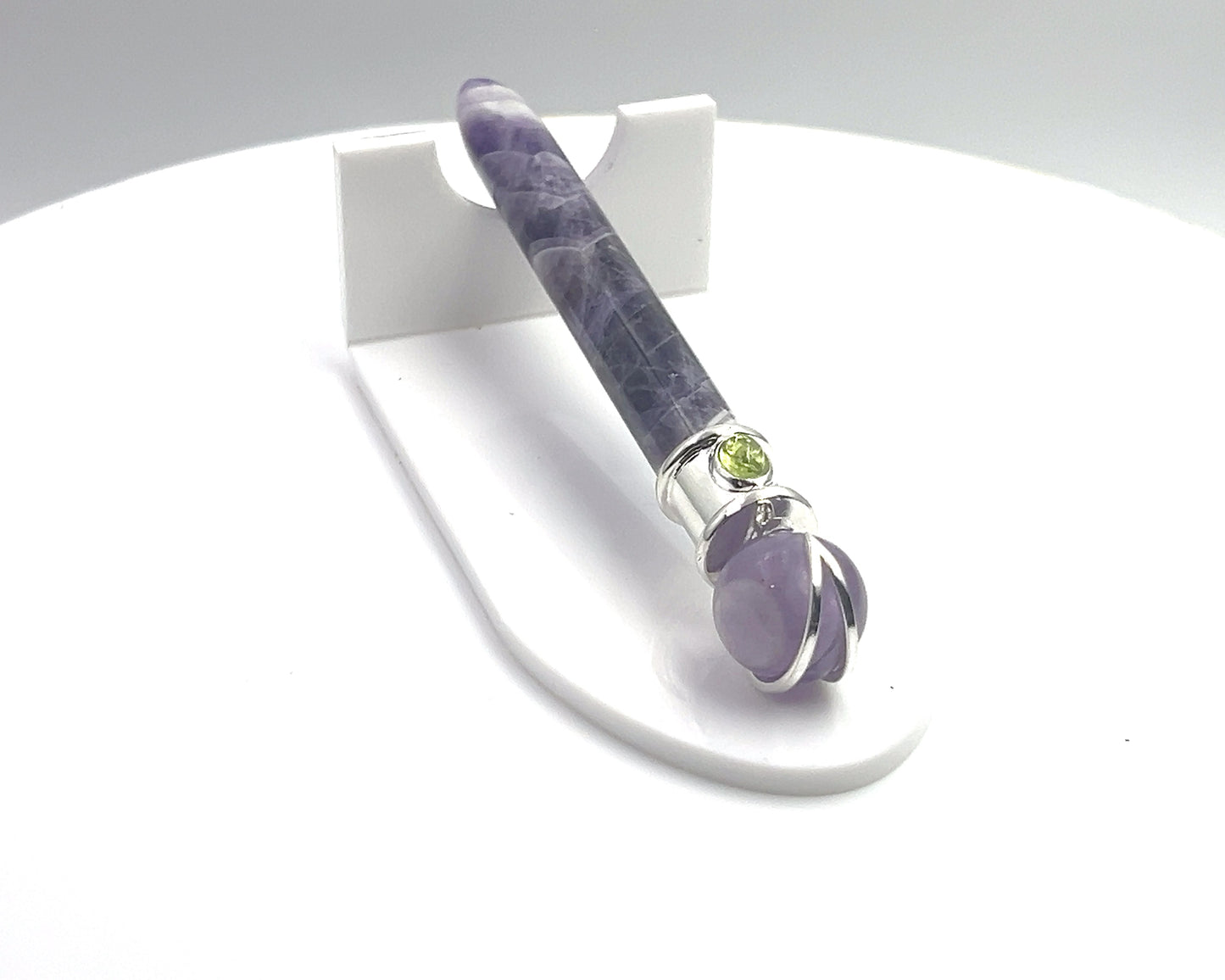 Amethyst Simple Wand Silver Plated with Peridot Accent, Amethyst Ball in Blue Velvet Bag