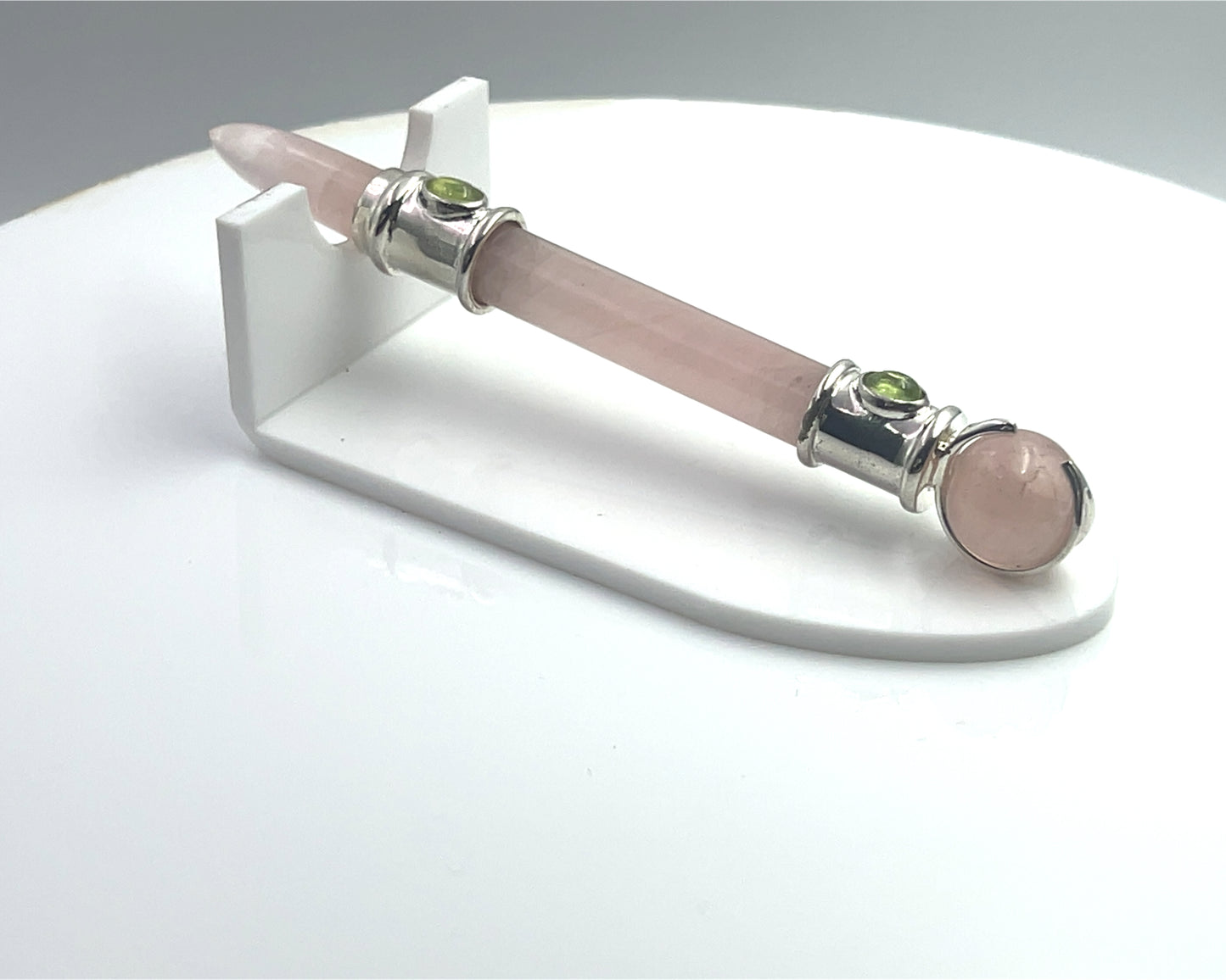 Rose Quartz Pocket Rocket in Silver Plating with Peridot Accent, RQ Ball in Green Velvet Bag