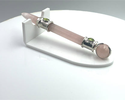 Rose Quartz Pocket Rocket in Silver Plating with Peridot Accent, RQ Ball in Green Velvet Bag