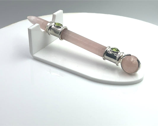 Rose Quartz Pocket Rocket in Silver Plating with Peridot Accent, RQ Ball in Green Velvet Bag