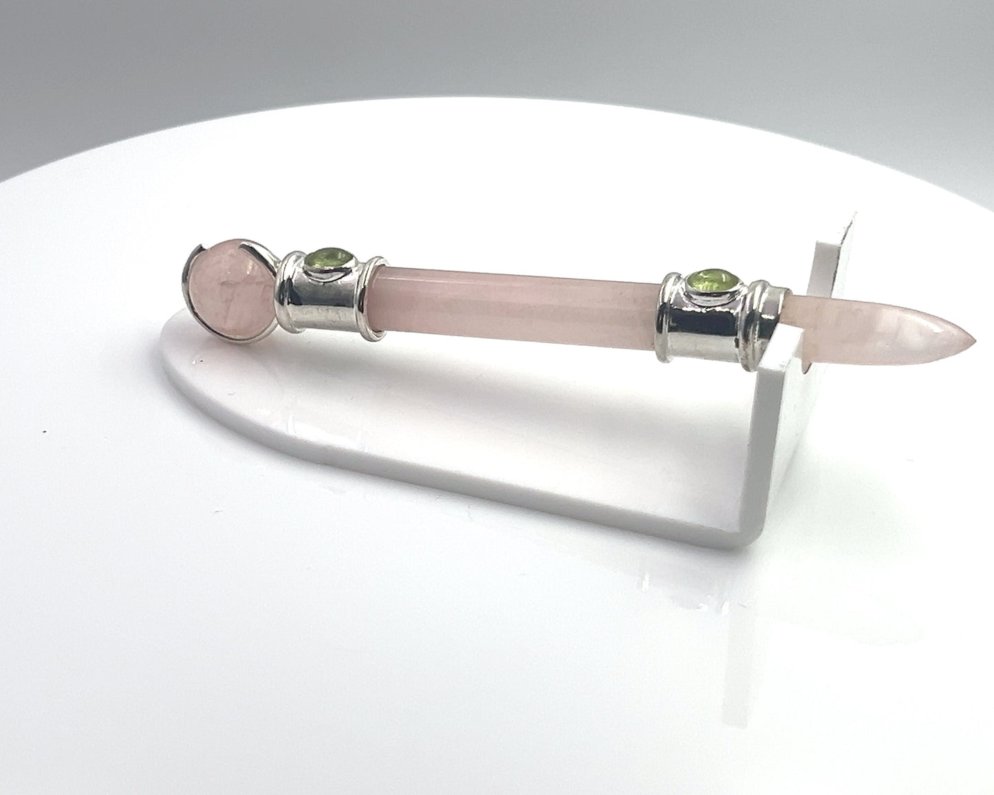 Rose Quartz Pocket Rocket in Silver Plating with Peridot Accent, RQ Ball in Green Velvet Bag