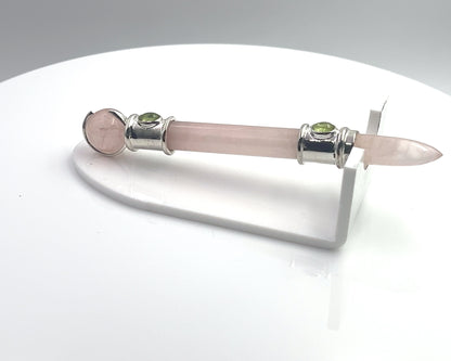 Rose Quartz Pocket Rocket in Silver Plating with Peridot Accent, RQ Ball in Green Velvet Bag