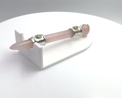 Rose Quartz Pocket Rocket in Silver Plating with Peridot Accent, RQ Ball in Green Velvet Bag