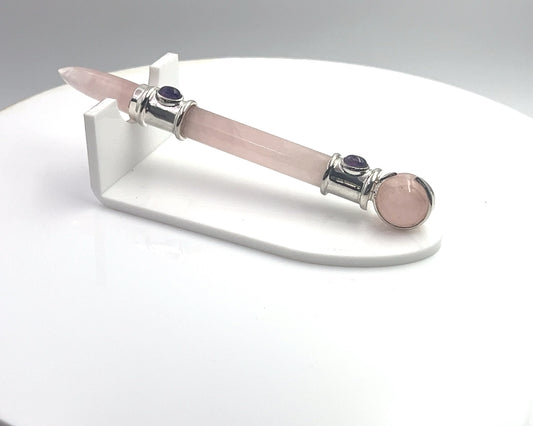 Rose Quartz Pocket Rocket in Silver Plating with Amethyst Accent, Rose Quartz Ball in Green Velvet Bag