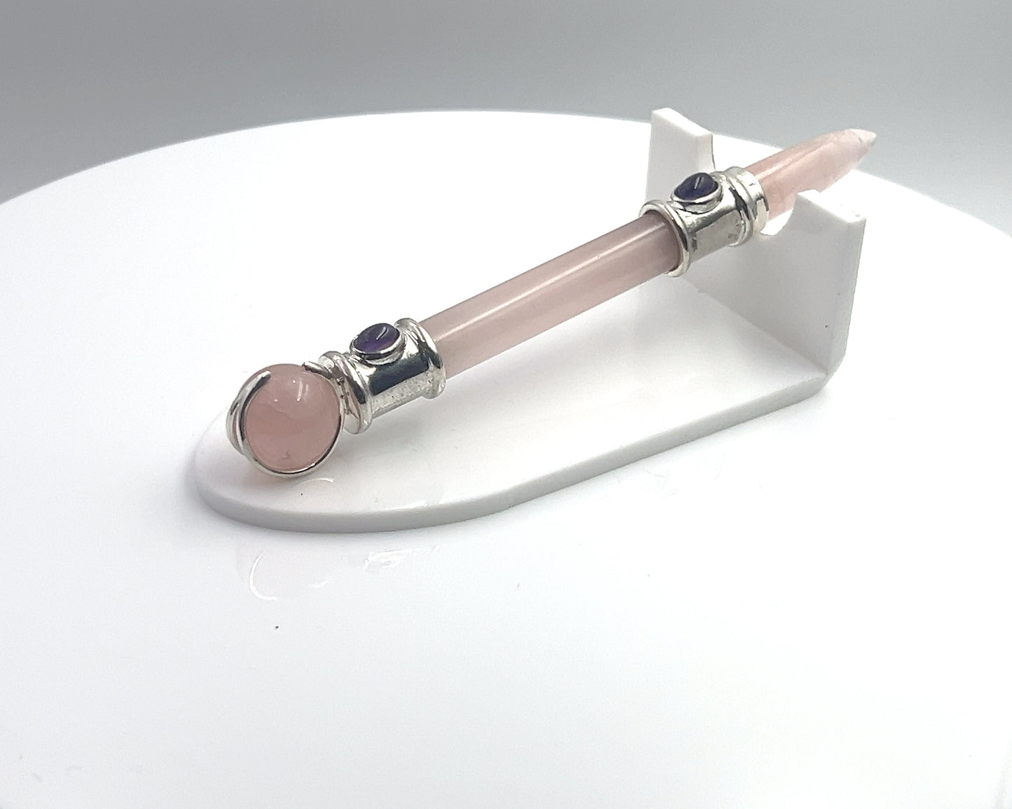 Rose Quartz Pocket Rocket in Silver Plating with Amethyst Accent, Rose Quartz Ball in Green Velvet Bag