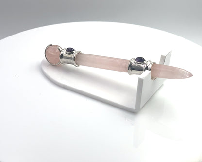 Rose Quartz Pocket Rocket in Silver Plating with Amethyst Accent, Rose Quartz Ball in Green Velvet Bag