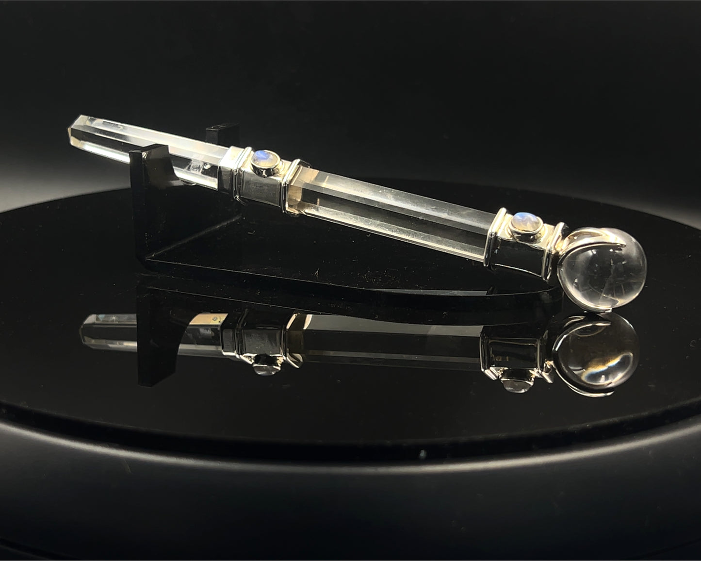 Large Hexagonal Wand with 3 Rainbow Moonstone Accents front and back