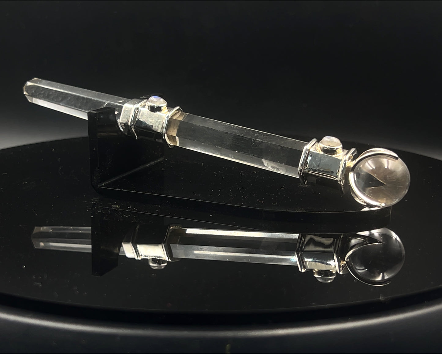 Large Hexagonal Wand with 3 Rainbow Moonstone Accents front and back