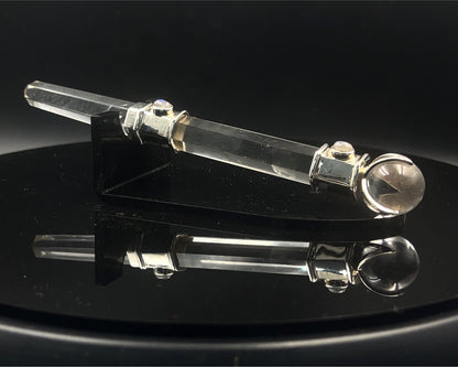 Large Hexagonal Wand with 3 Rainbow Moonstone Accents front and back