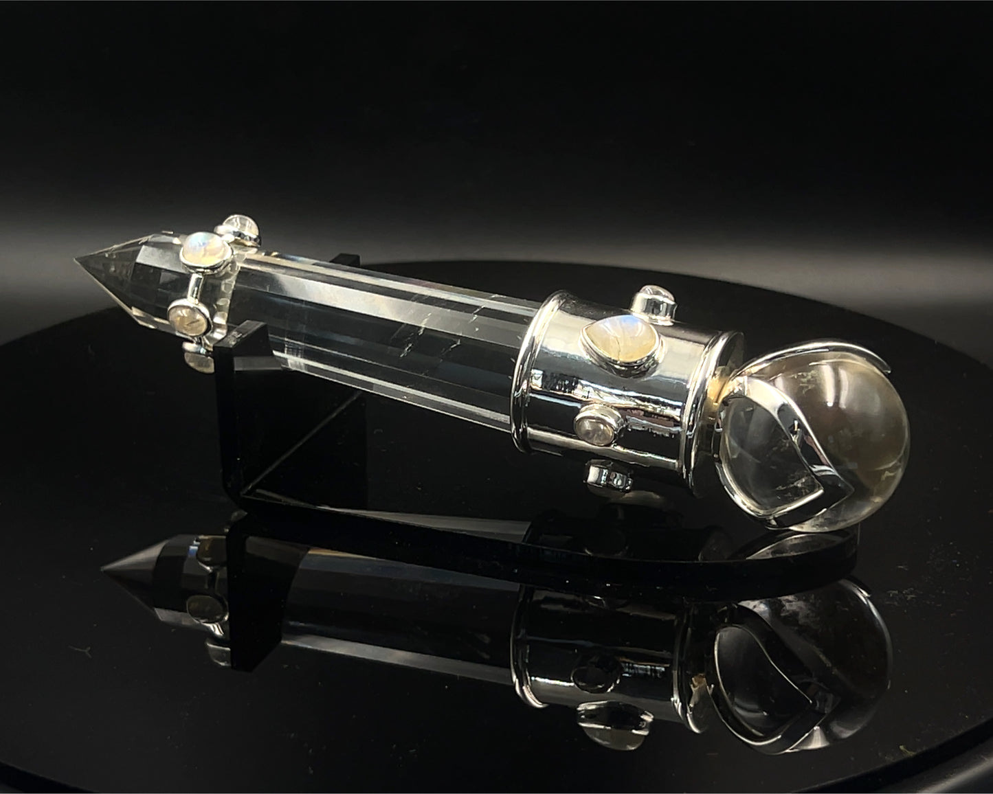 Rainbow Moonstone Vogel Crystal Wand with 3 Open Lotus Sphere Setting