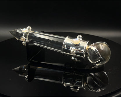Rainbow Moonstone Vogel Crystal Wand with 3 Open Lotus Sphere Setting
