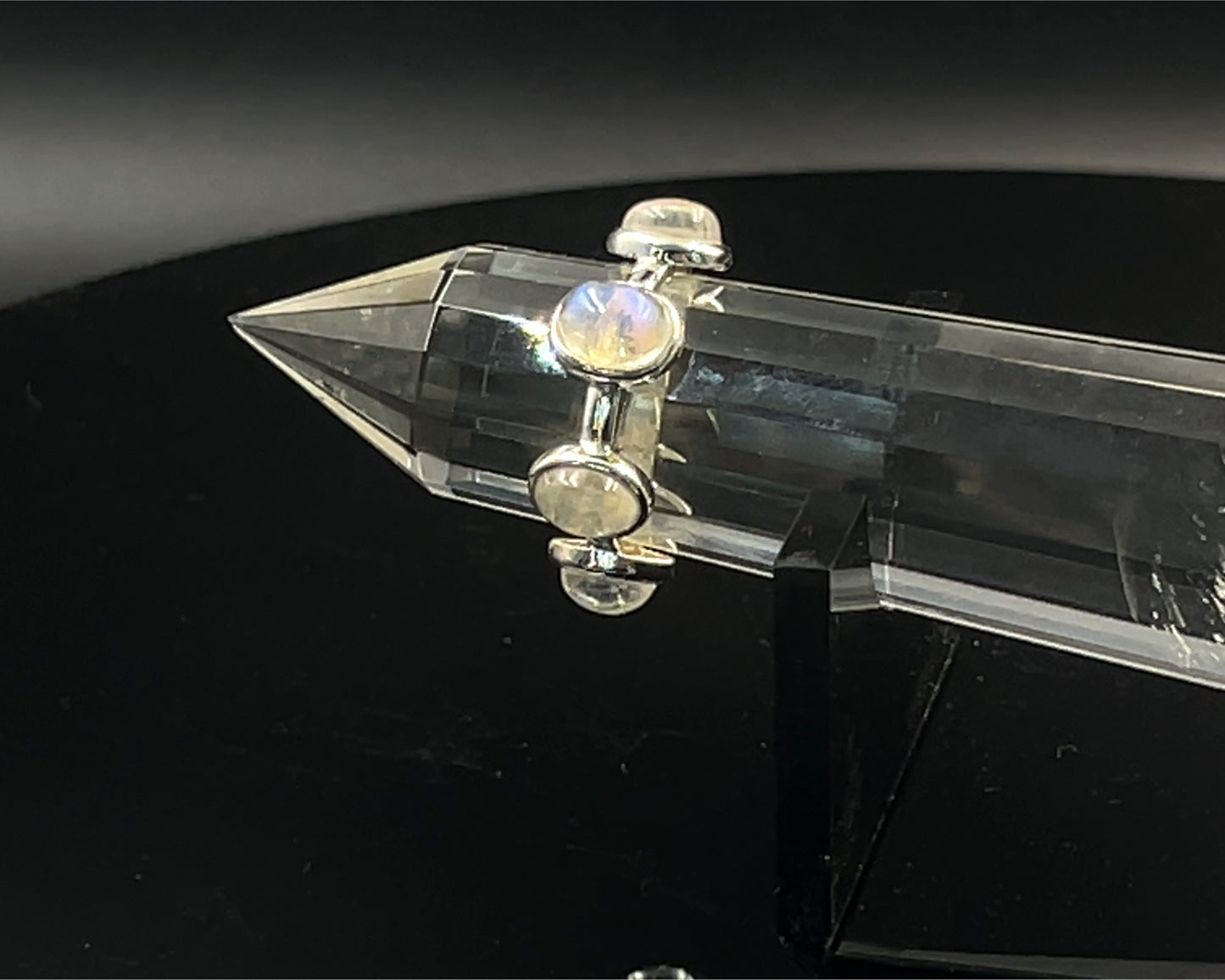 Rainbow Moonstone Vogel Crystal Wand with 3 Open Lotus Sphere Setting