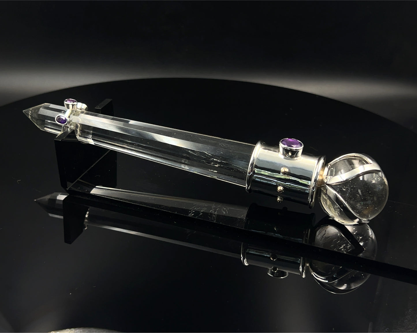 Amethyst Vogel Crystal Wand with 3 Open Lotus Sphere Setting 18 k accents