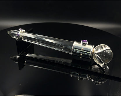 Amethyst Vogel Crystal Wand with 3 Open Lotus Sphere Setting 18 k accents