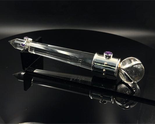 Amethyst Vogel Crystal Wand with 3 Open Lotus Sphere Setting 18 k accents