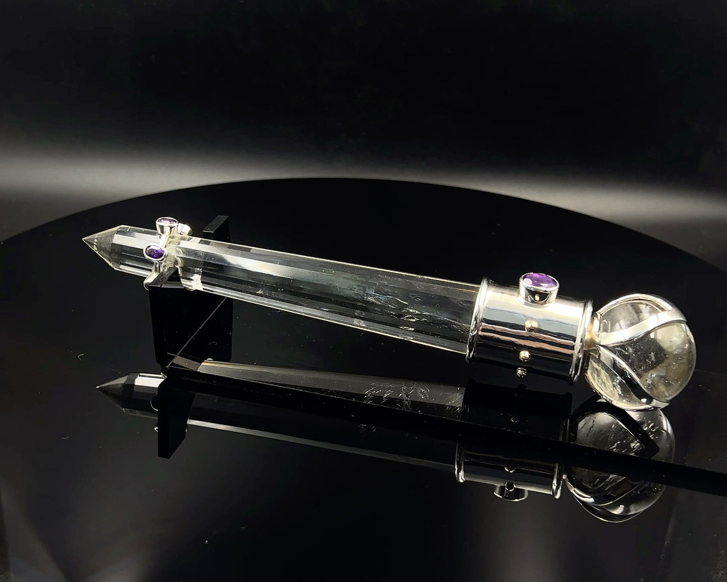 Amethyst Vogel Crystal Wand with 3 Open Lotus Sphere Setting 18 k accents