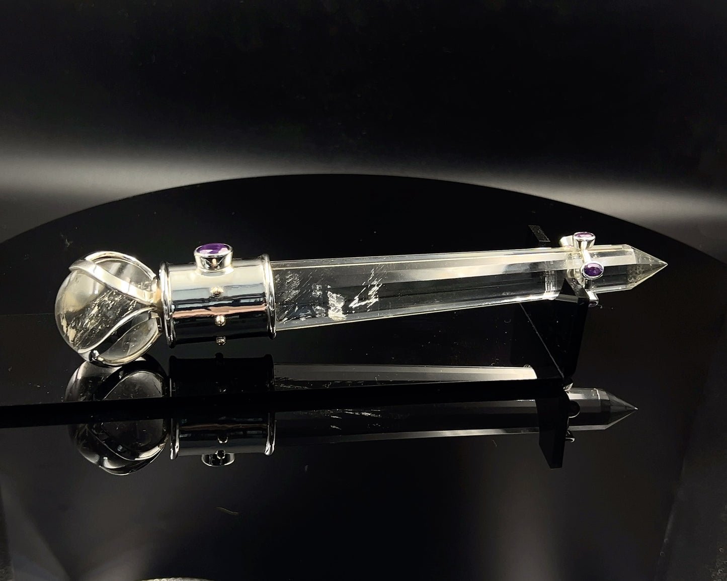 Amethyst Vogel Crystal Wand with 3 Open Lotus Sphere Setting 18 k accents