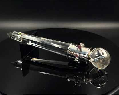 Turmaline Vogel Crystal Wand with 3 Open Lotus Sphere Setting 18 k setting