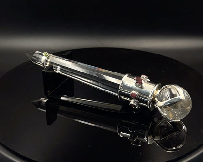 Turmaline Vogel Crystal Wand with 3 Open Lotus Sphere Setting 18 k setting