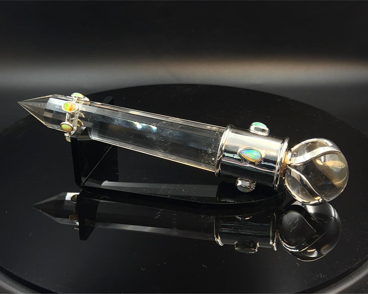 Ethiopean Opal Vogel Crystal Wand with 3 Open Lotus Sphere Setting