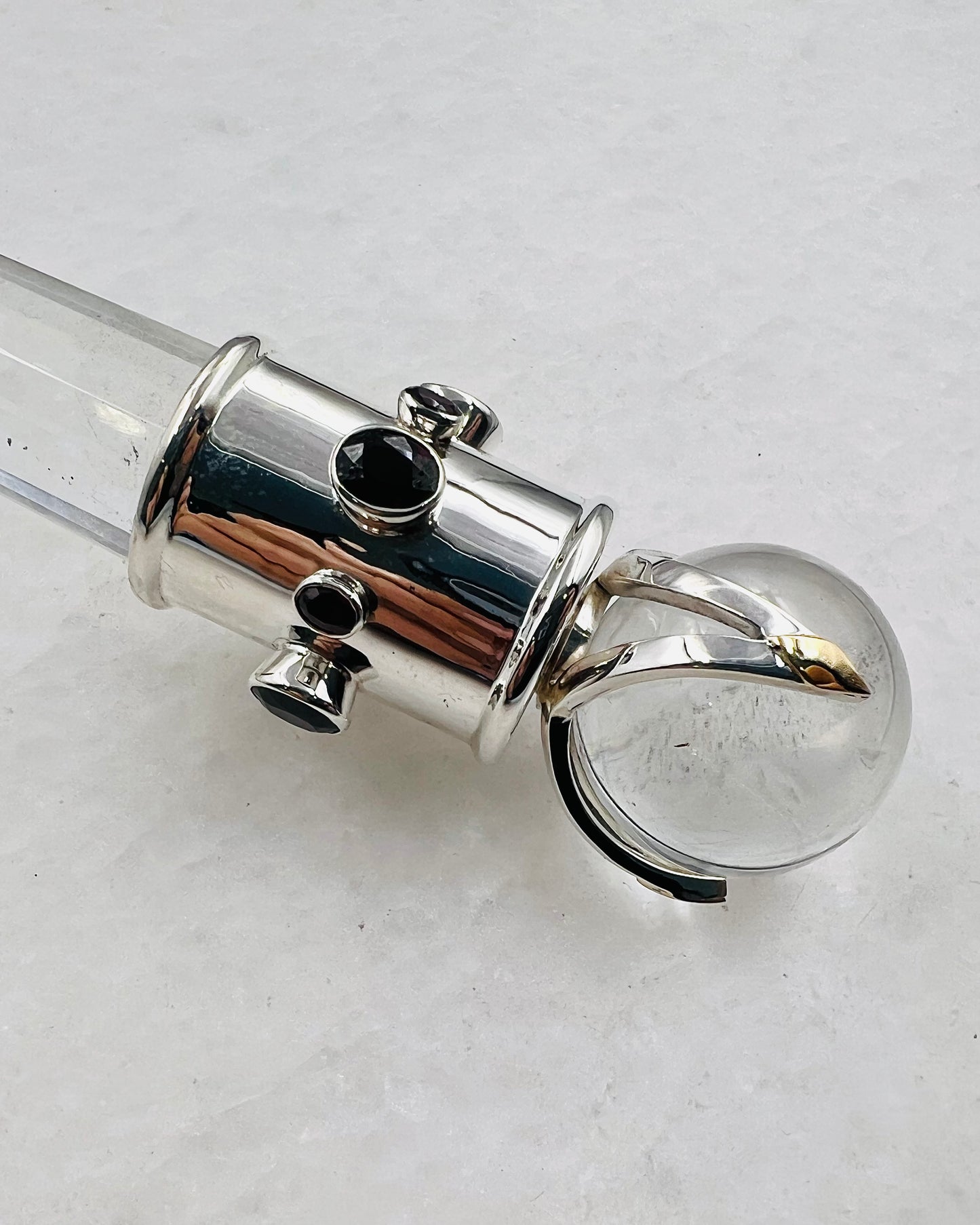 Garnet Vogel Crystal Wand with 18 k Gold Settings and 18 k Gold Overlay on  3 V Sphere Setting