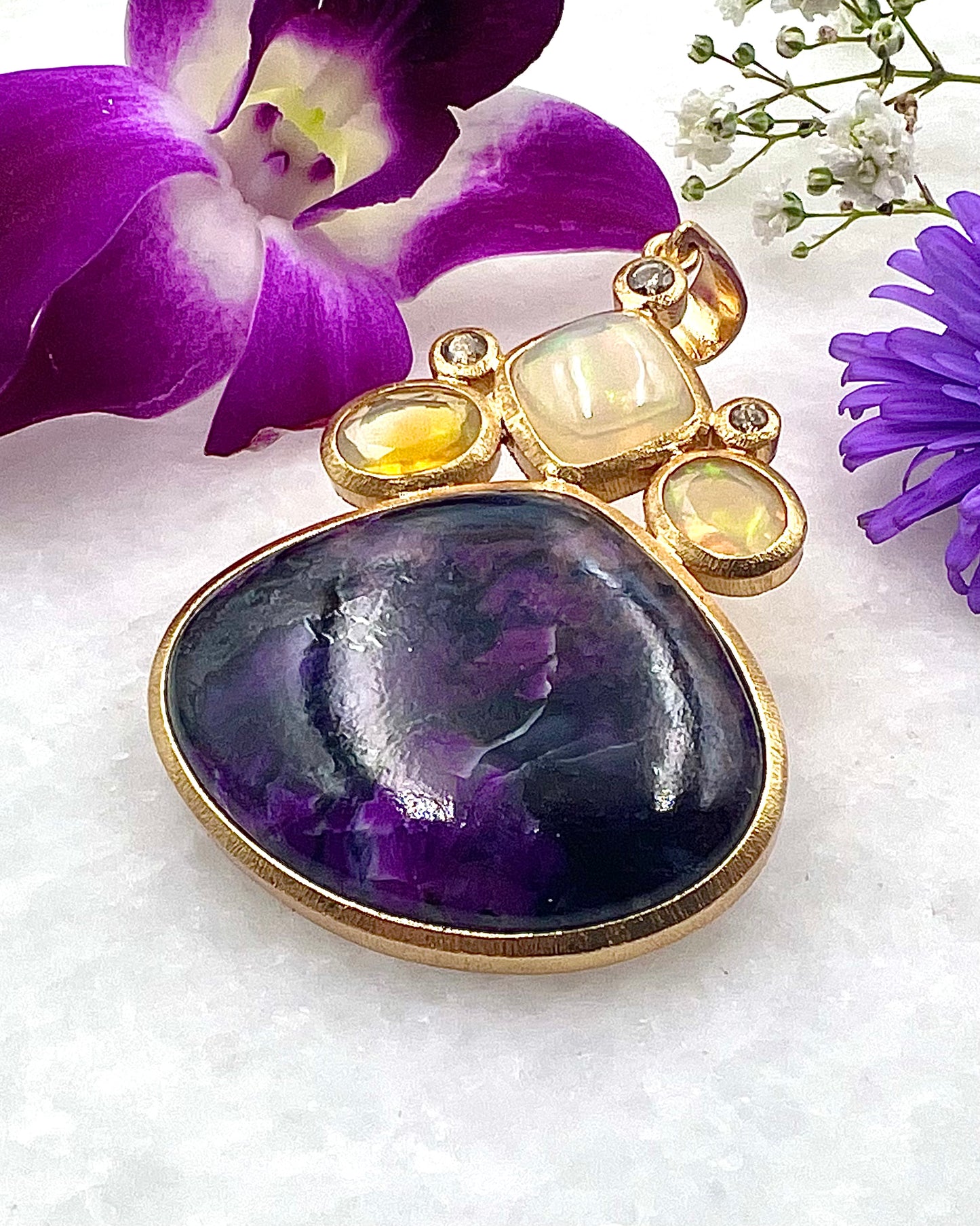 Top Sugilite with Ethiopean Opals and Diamonds 18K Gold Plated over 925 Silver