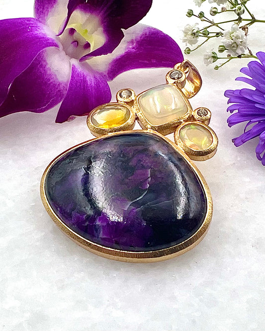 Top Sugilite with Ethiopean Opals and Diamonds 18K Gold Plated over 925 Silver