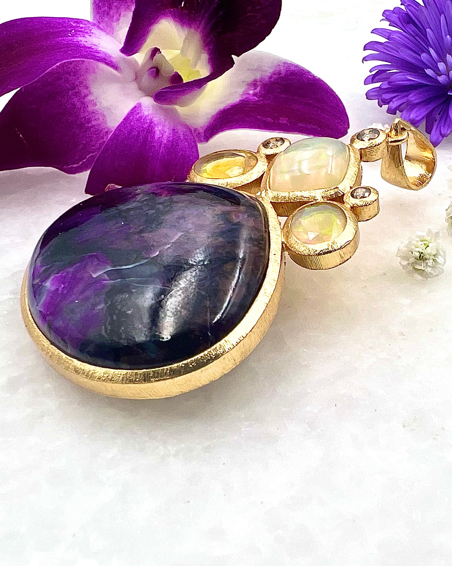 Top Sugilite with Ethiopean Opals and Diamonds 18K Gold Plated over 925 Silver