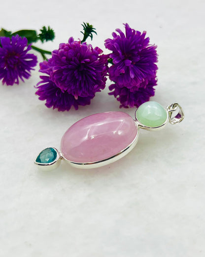 Natural South Indian Green Moonstone with Morganite and Blue Fluorite as Combi Pendant